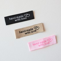 핸드메이드 패브릭택 자수라벨 handmade with love 라벨택 면라벨 뜨개장식 가방장식, 베이지