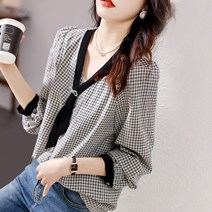 넷투넷코리아 여성 블라우스 데일리 루즈 브이넥 체크 기본 티셔츠