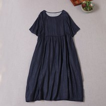 린넨 면 마 여름 원피스 데일리 중년 여성 일본 모리 걸 순수 면 더블 레이어 원사 반팔 오버핏 플러스 사이즈 곁넥 풀오버 롱 스커트 여름