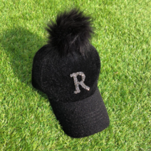 로로얼로이 여성 겨울 퍼 블링블링 R 보석 방울 골프 모자 세련된 라운딩 패션, 블랙