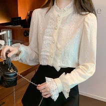 [Myshe]봄 예쁜 긴소매 셔츠 블라우스 여자 스탠드 카라 프릴 레이스 블라우스 juan302T5