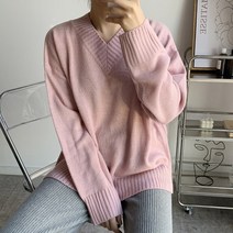 오오엘 여성용 간절기 루즈핏 옆트임 미스티 언발 브이넥 니트