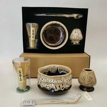차선 말차 도구 4종 세트 황죽 일본식 핸드메이드 백본입 다선 말차잔, 그린 말차잔 + 블루 다선립 세트