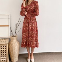 요시아나 [만원의행복] [당일발송] 잔잔한 꽃무늬 차르르 쉬폰 스모크 레드 잔꽃 원피스