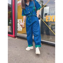 여성 데님 와이드 반팔 청점프슈트