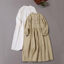 이끼당 린넨 퍼프소매 반하이넥 원피스