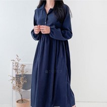 옷자락 여자 카라넥 허리 셔링 폴리 긴팔 롱 원피스