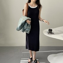 여성 라인 배색 나시 스판 롱 원피스