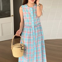 프렌치 체크 민소매 원피스 롱