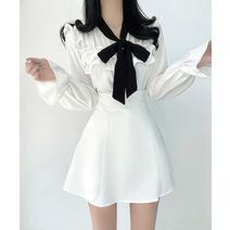 미미 배색 리본 프릴 긴팔 블라우스