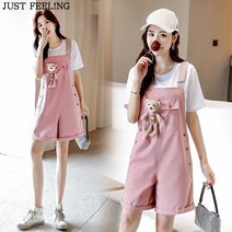 JUST FEEL!NG 여성 여름 하이웨이스트 러블리 곰돌이 롤업 멜빵 반바지 와이드핏 팬츠 점프수트