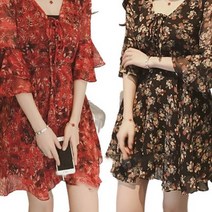 리더스타 여성원피스 블랙+레드 2장 반팔원피스 쉬폰 플라워 원피스 반팔 미디원피스