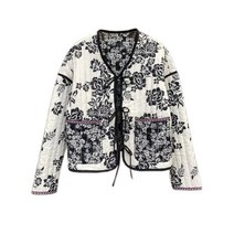 여성 리버시블 재킷 프린트 퀼트 자켓 레트로 브이 넥 넥타이 겨울 따뜻 패딩 스타일리쉬