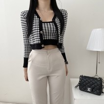 VANANA2 여성 데일리 포인트 비비드 캔디 체크 배색 니트 나시 가디건 세트