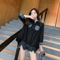 WAWAMOM(특허브랜드) 여자 투톤 언발 청남방 셔츠 자켓 여성 크롭진 데님남방 아우터 CTU22b