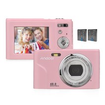 Andoer 휴대용 디지털 카메라 48MP 1080P 2.4인치 IPS 화면 16X 줌 자동 초점, 분홍색