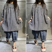 tagi 여자 체크 린넨 셔츠 원피스 빅사이즈 오버핏 롱 티셔츠 봄여름