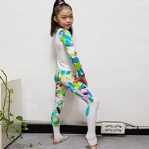 한디자인 리듬체조 연습복 프린팅 컬러블록 티+고리바지 세트 (그린)