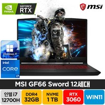 MSI Sword GF66 A12UE 인텔 12세대 i7-12700H RTX3060 윈도우11 배그 주식 고성능 게이밍 노트북, GF66 Sword, WIN11 Home, 32GB, 1TB, 코어i7, 블랙