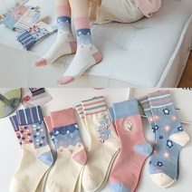 워더미 사계절 여성용 핑크 블루 플라워 탄탄 시보리 중목 5P 양말 W739