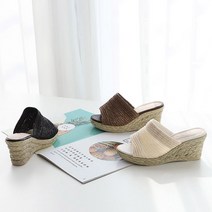 런슈즈 (국산) 가볍고 시원한 라탄 웨지 뮬 메시 통굽 슬리퍼 7cm
