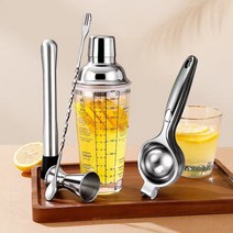 칵테일보스톤쉐이커 400ml + 지거 15 / 30ml + 바스푼 홈바용품 5종세트 JL.BLTJQ5JT, 유리 셰이커