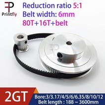 Vor 모션 부품 GT2 타이밍 벨트 도르래 80 치아 16 56810mm 감소 5115 폭 6mm 3D 프린터 액세서리, [06] 16T4- 80T5, [06] 2GT-6-800mm