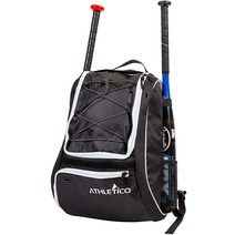 Athletico 야구 방망이 가방 - 야구 티볼 및 소프트볼용 가방 아동 청소년 및 성인용 용품 및 장비 | 방망이 헬멧 장갑 신발 보관 | 신발 수납칸 및 펜스 후크, Black