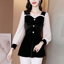 땡땡이 도트 블라우스 셔츠 여성 패치워크 봄 장식 셔링