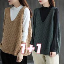 tagi 1+1 여성 브이넥 메쉬 니트조끼 빅사이즈 팬칭조끼 오버핏 베스트
