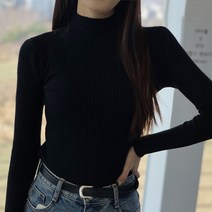 도앙뜨 반목 반폴라 슬림 무지 골지 니트 긴팔 티셔츠 블랙 화이트