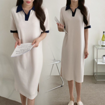 NewCare 여성 롱원피스 배색 카라원피스 h라인 스판 데일리 여름 반팔원피스