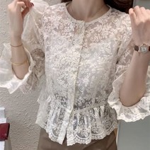 풍기인견블라우스 아사면 썰스데이아일랜드 시어서커 자켓형 아사 아일렛 허리밴딩 kusahiki 레이스 셔츠 2022 봄 새로운 인과 퍼프 슬리브 세련된 한국어 싱글 브레스트 탑스