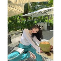 휴양지룩 쇼핑몰 휴가룩 해변 비치 원피스 연예인바캉스룩 신혼여행 휴가커플룩 휴가 비치드레스 비치웨어원피스, XL, 화이트 래쉬가드 상의+그린 와이드 팬츠