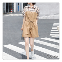 티피여자 여름 체크 패치 스트링 점프슈트