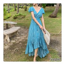 티피/Teepie 여성 비치 원피스 블루 오프숄더 패션 프릴 플라워 원피스