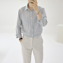 아도르클래식 그레이 스트라이프 시어서커 캐주얼 오픈 카라 봄 여름 가을 긴팔 셔츠