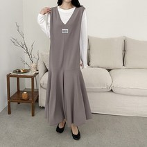 무지 라벨 멜빵 프릴 롱 원피스 간절기 봄 여름 가을 마실룩 홈웨어 임부복 편한 원피스