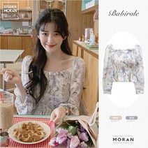 플라워프릴블라우스 클래식 프렌치 셔츠 일자 부스지다 꽃블라우스 여성 봄 스퀘어넥 벌룬소매 상의 2690966831