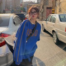 블루 캐주얼 겨울 여성 후드 티 맨투맨 기모 오버핏 루즈핏 박스티 요즘 유행 모직 빅사이즈