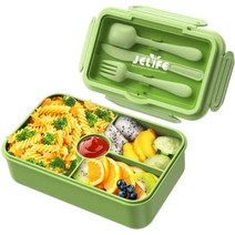 [캐로플] Jelife Bento Box 어린이용 도시락 - 대형 스타일 누출 방지 4칸 식품 보관 용기 학교로 돌아가는 식기 재사용 가능한 식사 및 스낵 포장 그린, [02] 1100ml-그린