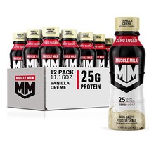 Muscle Milk 정품 단백질 쉐이크 바닐라 크림 300ml(11 16온스) 병 12팩 단백질 25g 무설탕 칼슘 비타민 A c 및 D 5g 섬유질 에너자이징 간식 운동 회복, Bottle, Vanilla