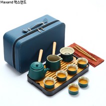 맥스앤드 휴대용 가정용 찻잔 다도 다기세트 다관+숙우+차잔+거름망, 남색 수납+녹색 다기세, 다관+6잔+숙우+거름망+받침대