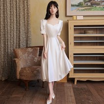 셀프 웨딩 드레스 신부 예복 퍼프 소매 리본 테일 새틴 원피스