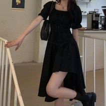 HOUZHOU 여성용 우아한 빈티지 화이트 드레스 카와이 퍼프 슬리브 미디 스퀘어 칼라 붕대 선드레스 고스 의상108186