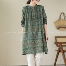 신이SH 더블샵 큰언니 빅사이즈 에스닉나염 면마 헨리넥 셔링 긴소매 스텐드넥 롱셔츠