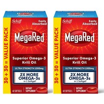 메가레드 Megared 오메가-3 크릴 오일 보충제 1000mg 울트라 스트렝스 소프트젤(60개입) 비린내 나는 뒷맛이 없으며 EPA DHA 플러스 항산화제 아스타잔틴(3팩) 함, 2팩(120개입)