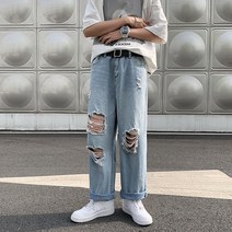 DFMEI.Denim pants -- 하이 스트리트 디스트로이드 청바지 남 힙합 와이드 팬츠 일자 와이드 캐주얼 노아빠 바지