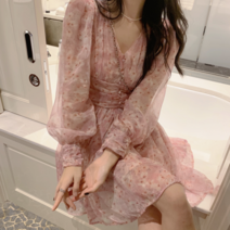 핑크 플라워 쉬폰 미니 원피스 20대 30대 여성 꽃무늬 봄 A라인 키작녀 복고 드레스