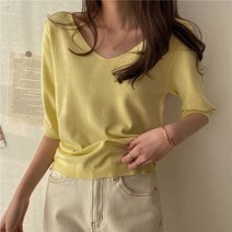 여성 캐시미어 반팔 5부 니트 라운드 반팔티